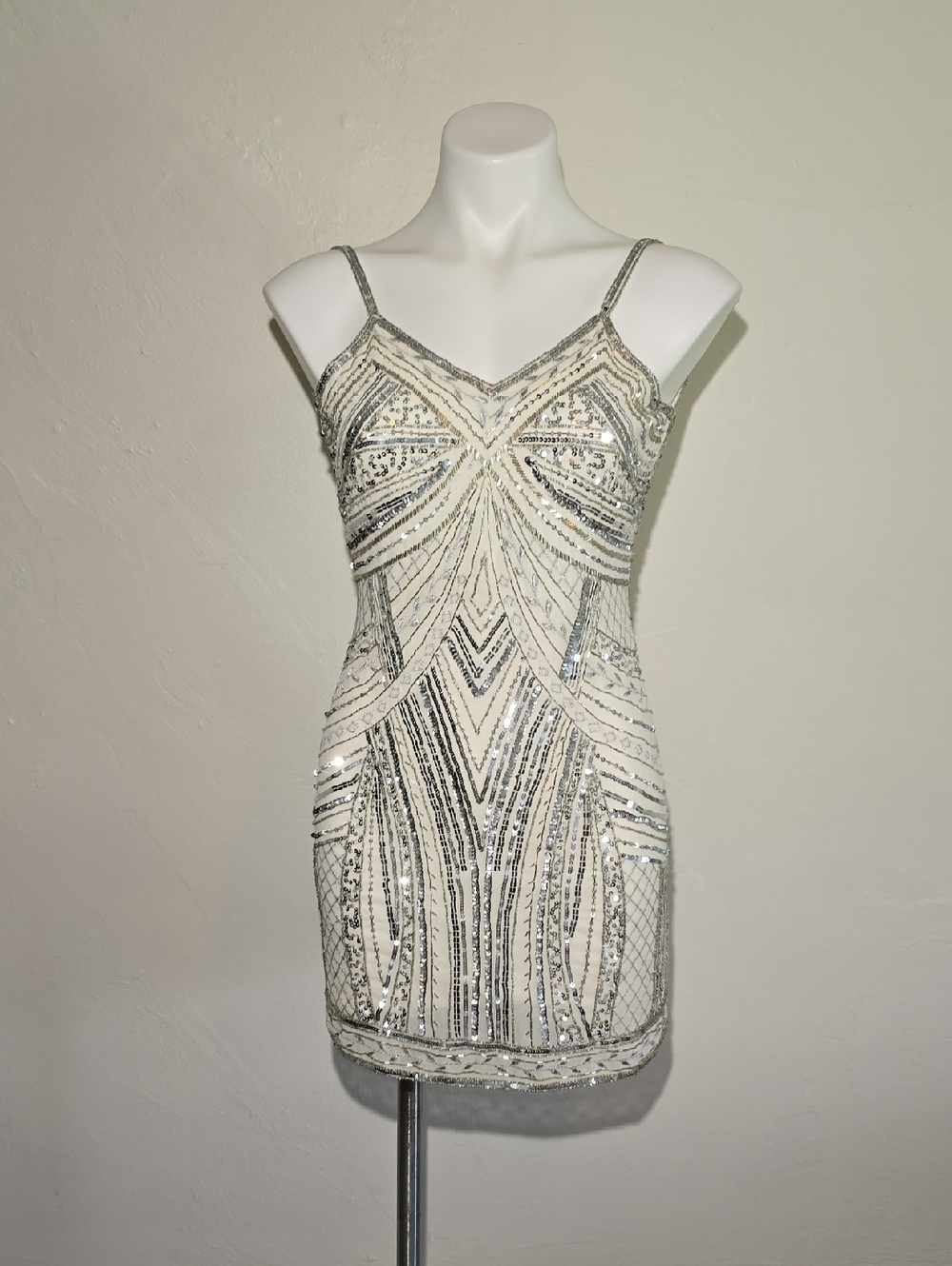 Altar'd State Ivory and Silver Sequin Beaded Mini Dress